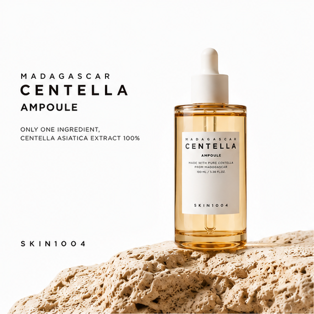 A four-panel promotional collage for SKIN1004 Madagascar Centella Ampoule. The panels show the clear dropper bottle filled with golden liquid, styled on wood with green leaves and stones, alongside a woman holding the bottle.